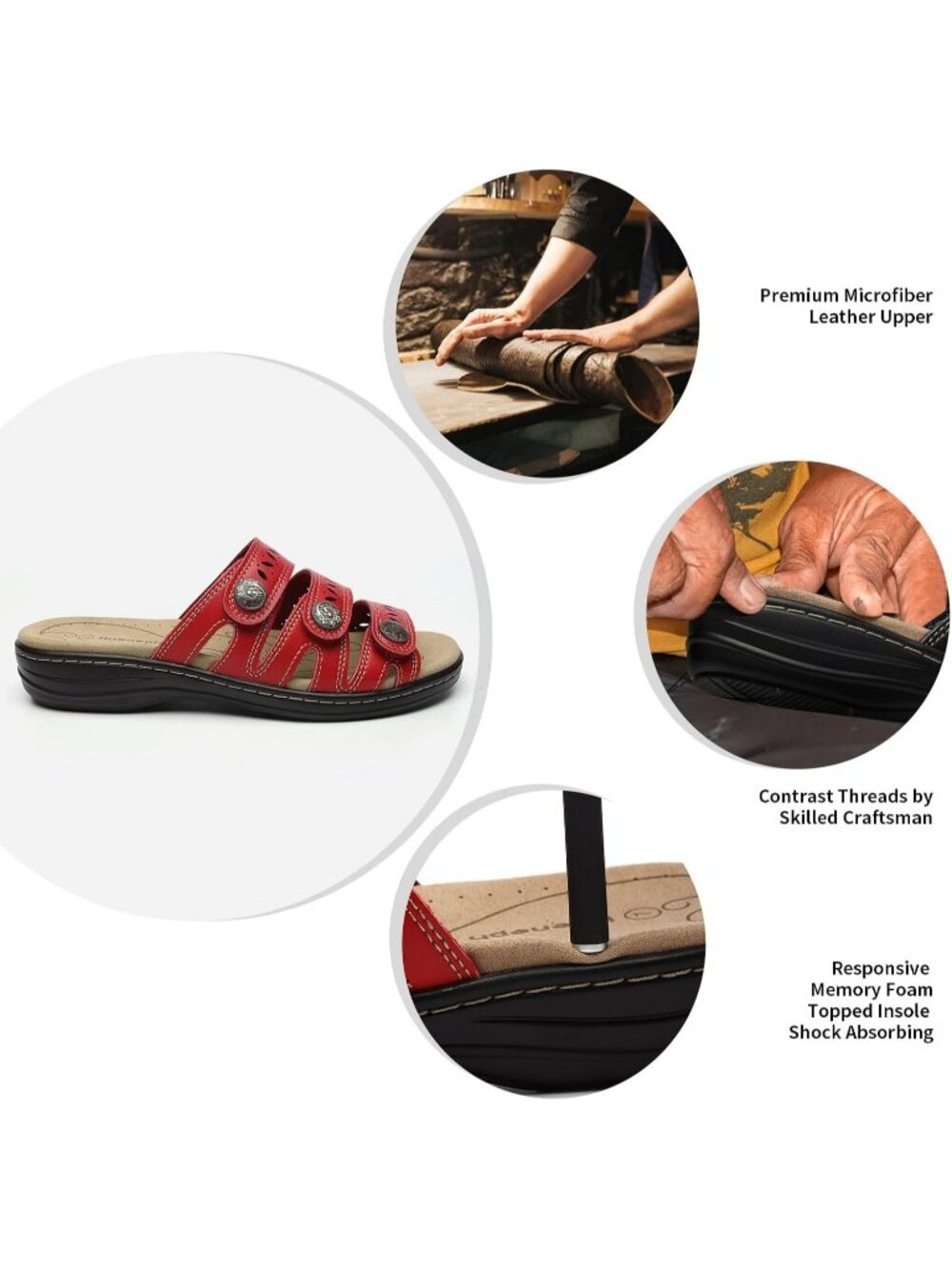 Women's Comfort Leather Slides Flat Sandals Red Slip On Casual Walking Slippers - Picture 5 of 6
